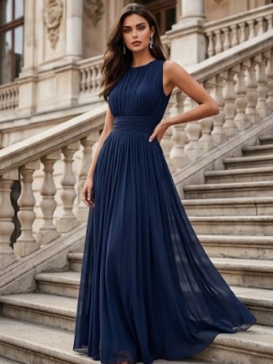 By Design Dresses & Skirts - Navy Blue Sleeveless Pleated Chiffon Maxi Evening Dress